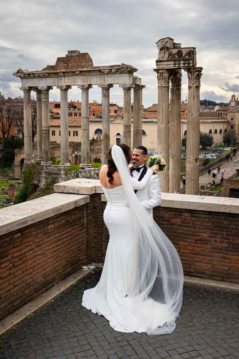Rome Wedding photography taken at the Roman Forum overlooking ancient roman ruins