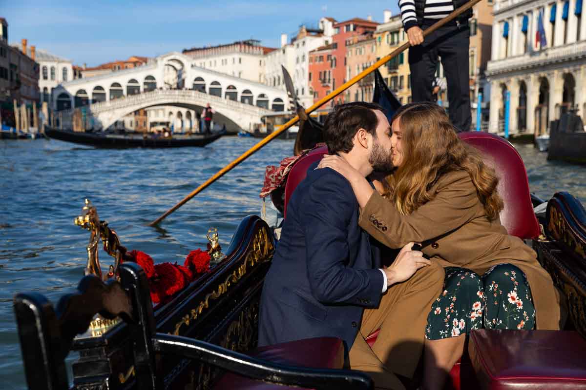 Just engaged to be married on a gondola on the Venetian canals with Rialto in the background