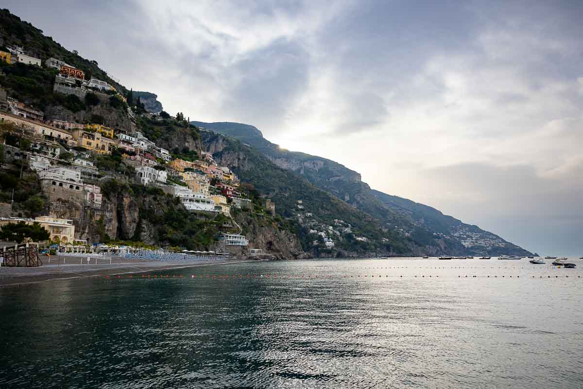 The Mediterranean sea bay in front of the town of Positano on the Amalfi coast in Italy