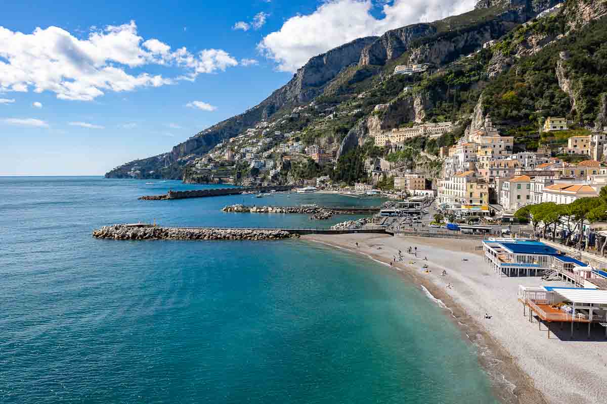 The beach town of Amalfi viewed and photographed from higher ground using a wide angle 