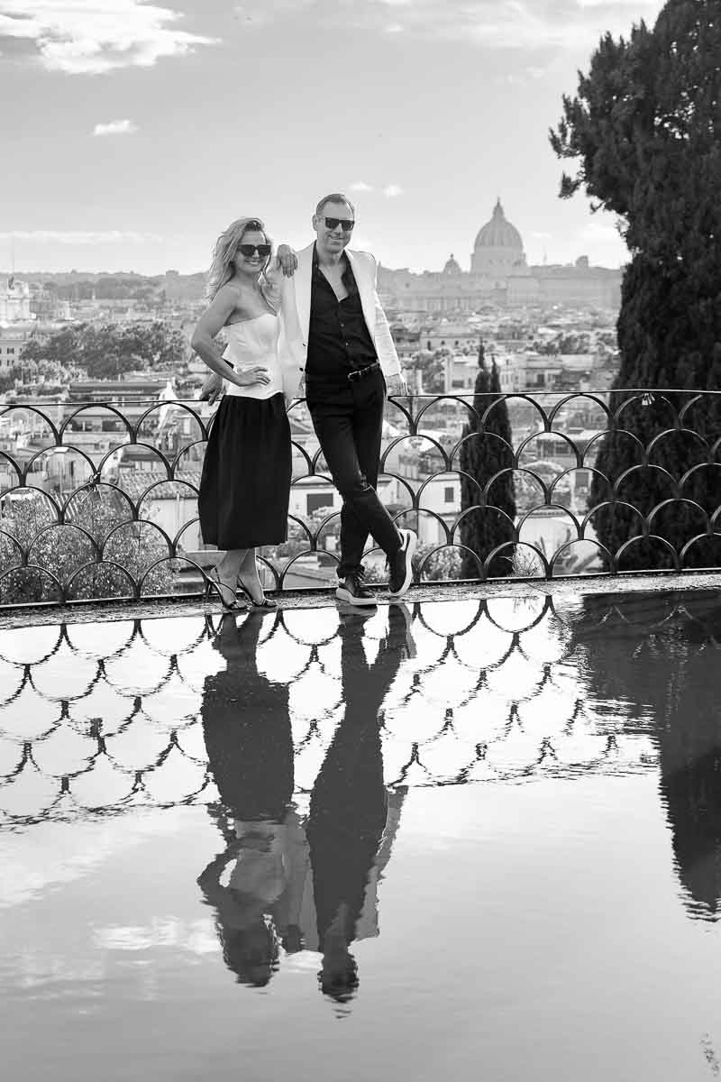 Black n White Rome photoshoot in Villa Borghese using an interesting water puddle