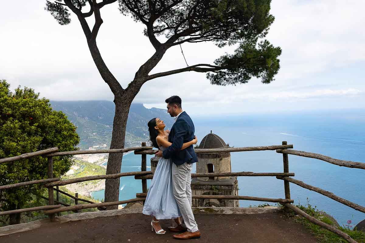 Together enjoying the view after a romantic Ravello Proposal Photos and Video in Villa Rufolo