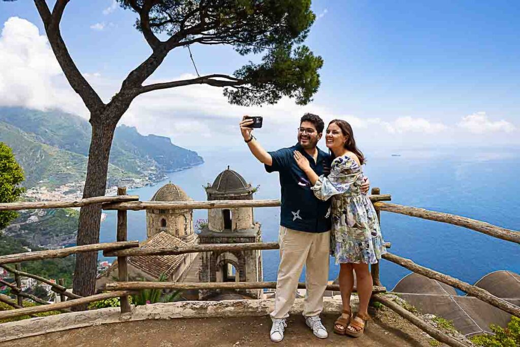 Selfie image of a couple taking photos of themselves after the Surprise Marriage Proposal in Ravello Italy