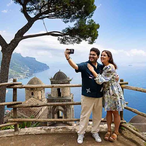 Selfie image of a couple taking photos of themselves after the Surprise Marriage Proposal in Ravello Italy