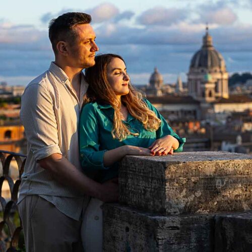 Sunset pictures taken at the Pincio terrace outlook in Rome Italy after a surprise wedding marriage proposal