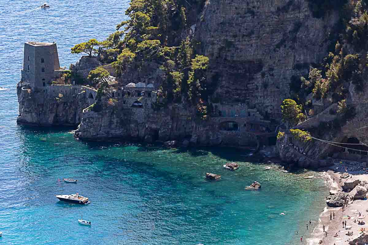 Scenic view of the Amalfi Coast and the Mediterranean Sea captured before a surprise engagement shoot in Positano, Italy 