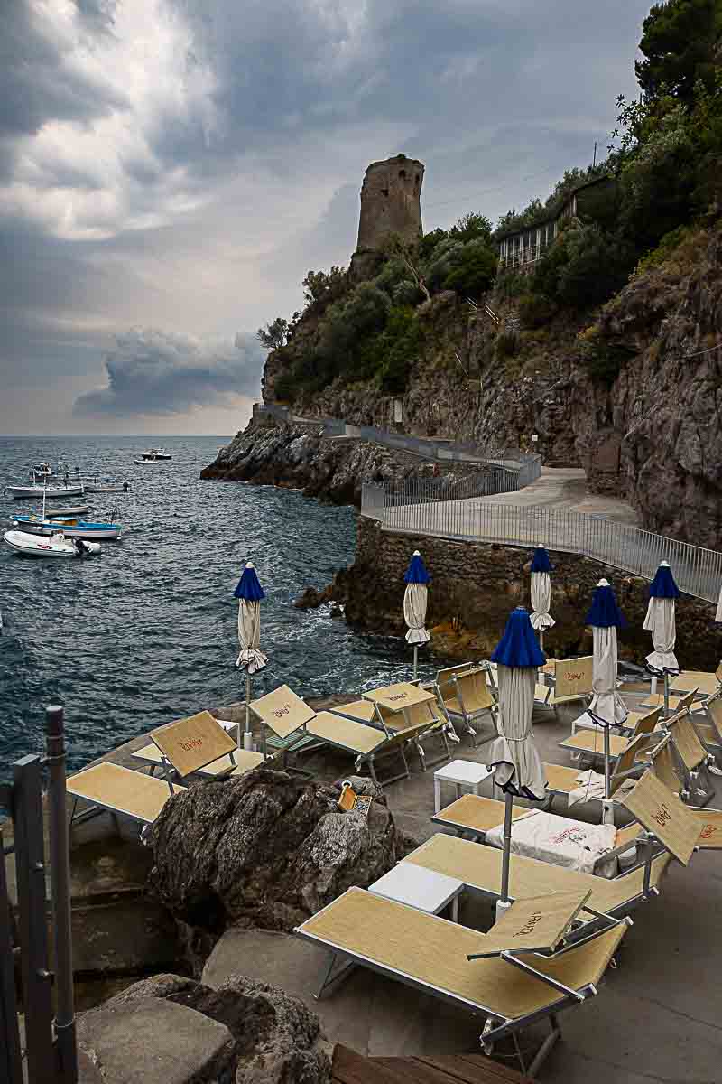 Beach resort and beds at Il Pirata in Praiano by the sea and coast 