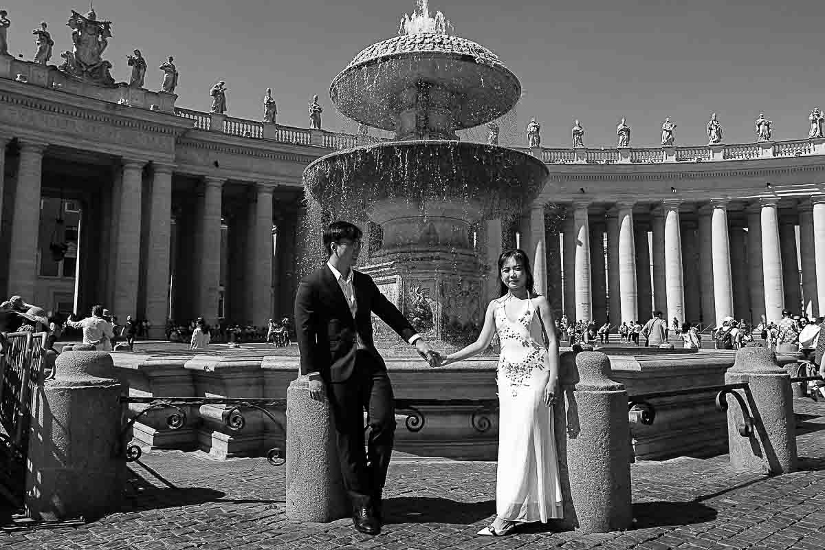 Black and white photography from Saint Peter's square in Rome Italy during a Rome wedding photo session 