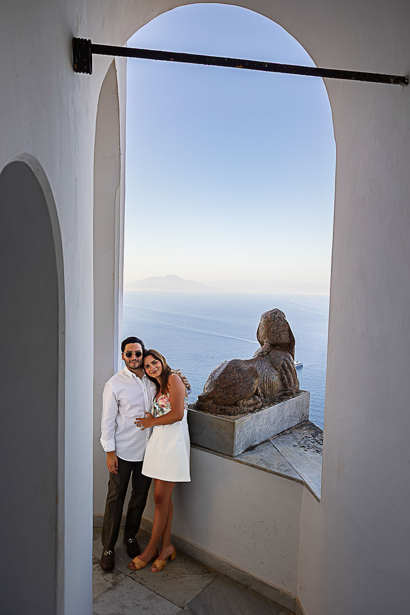 Sphinx statue found in Villa San Michele used as a backdrop to proposal photography in Capri 