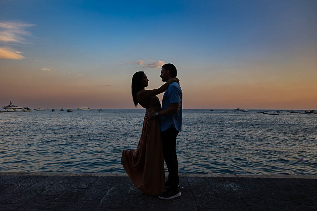 Silhouette beach image shot taken during a Positano photoshoot after a wedding proposal on the beach in Spiaggia Grande