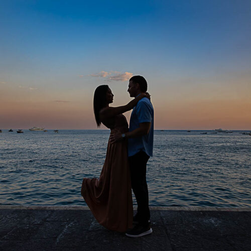Silhouette beach image shot taken during a Positano photoshoot after a wedding proposal on the beach in Spiaggia Grande