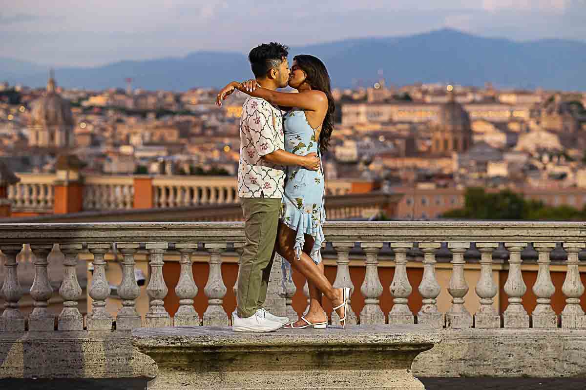 Final picture taken close while standing on a bench before the stunning view of the roman cityscape at sunset 