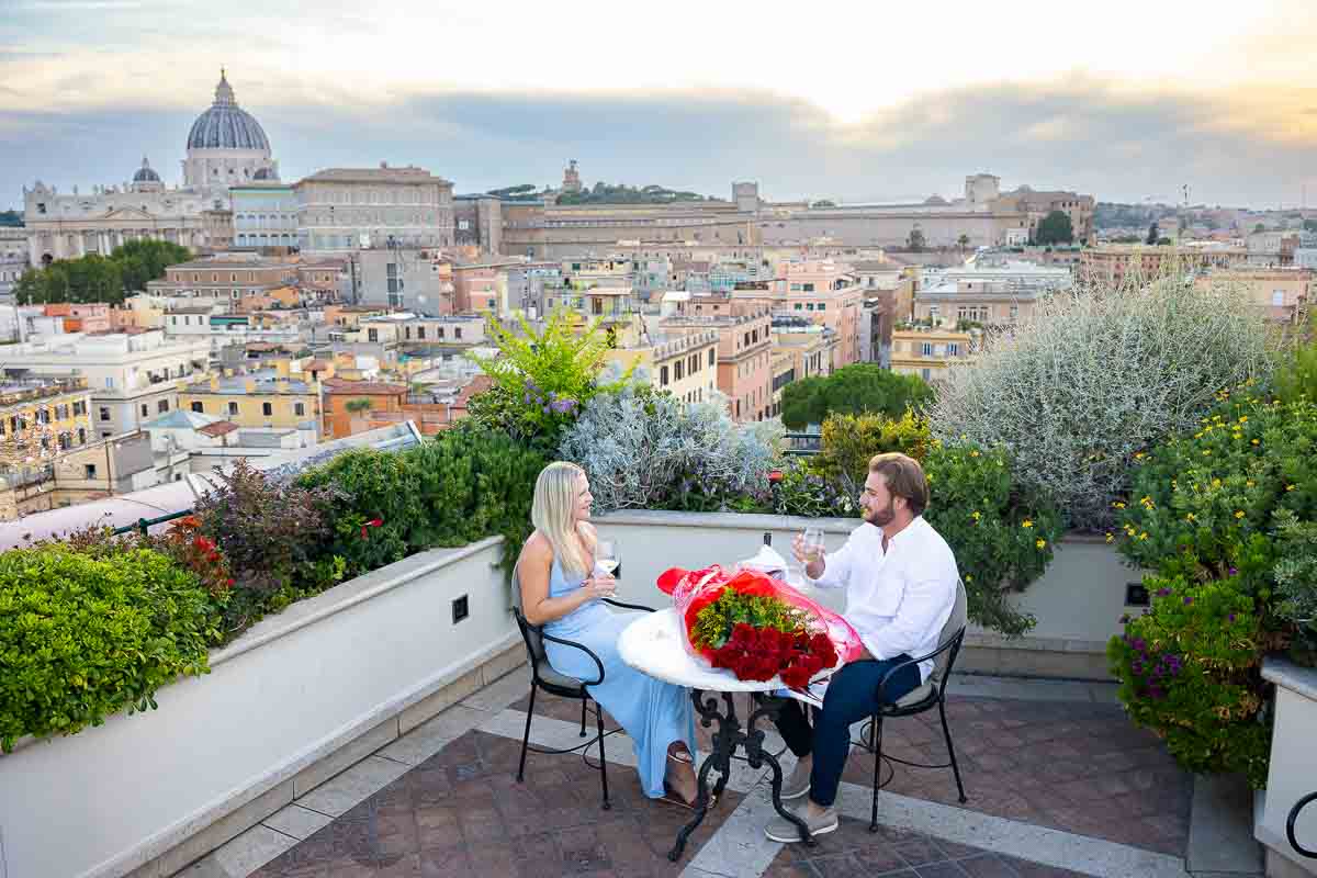 Engagement photography capturing terrace layout and panoramic Rome view