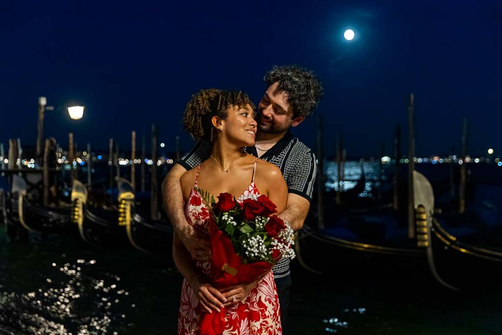 Portrait engagement holding each other during a photography session Venezia Italy