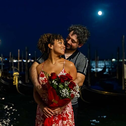 Portrait engagement holding each other during a photography session Venezia Italy