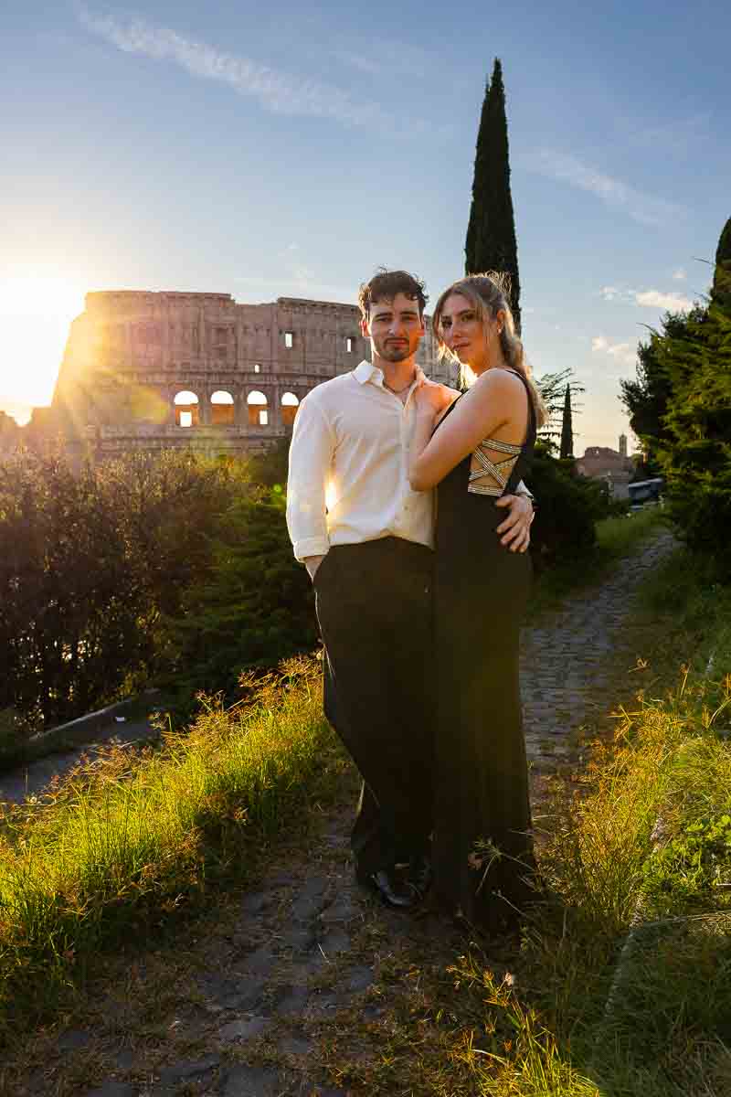 Posed shot standing Italian landmark at dusk or golden hour in beautiful sun setting light