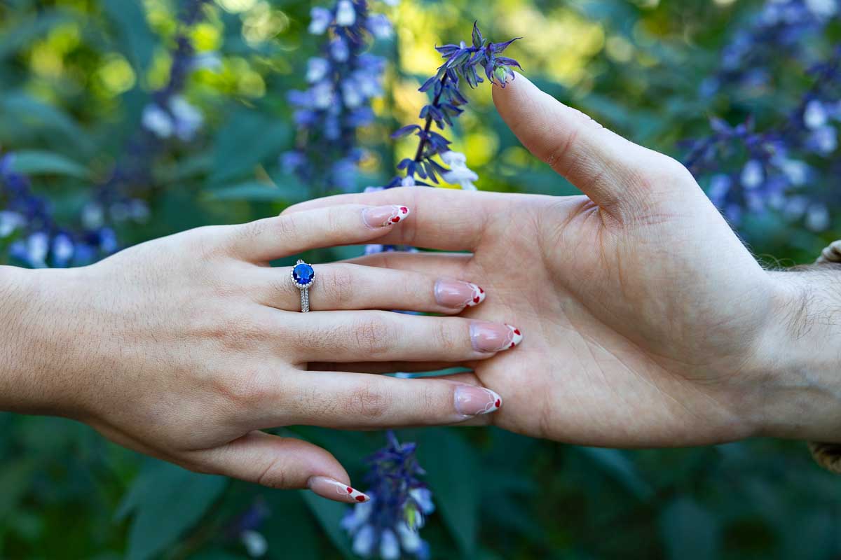 Engagement ring close up image over natural wild flowers