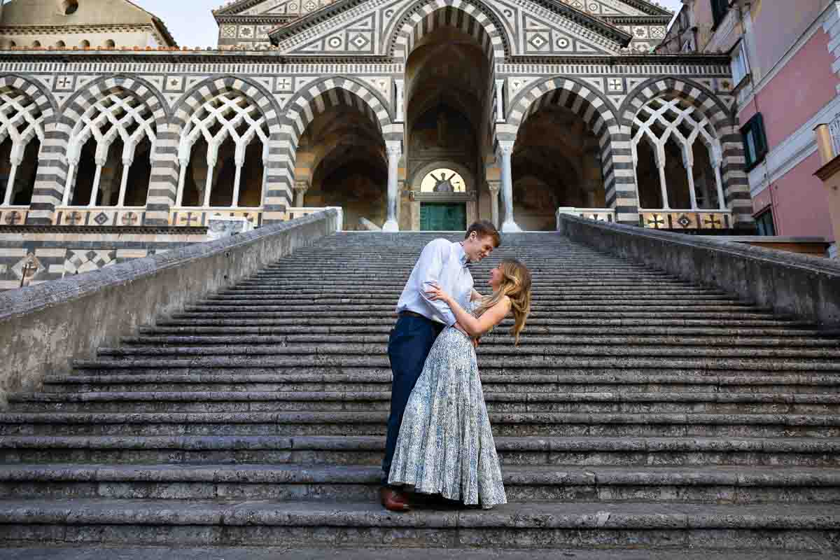 Duomo di Amalfi photo shoot with subjects standing on the staircase taking images 