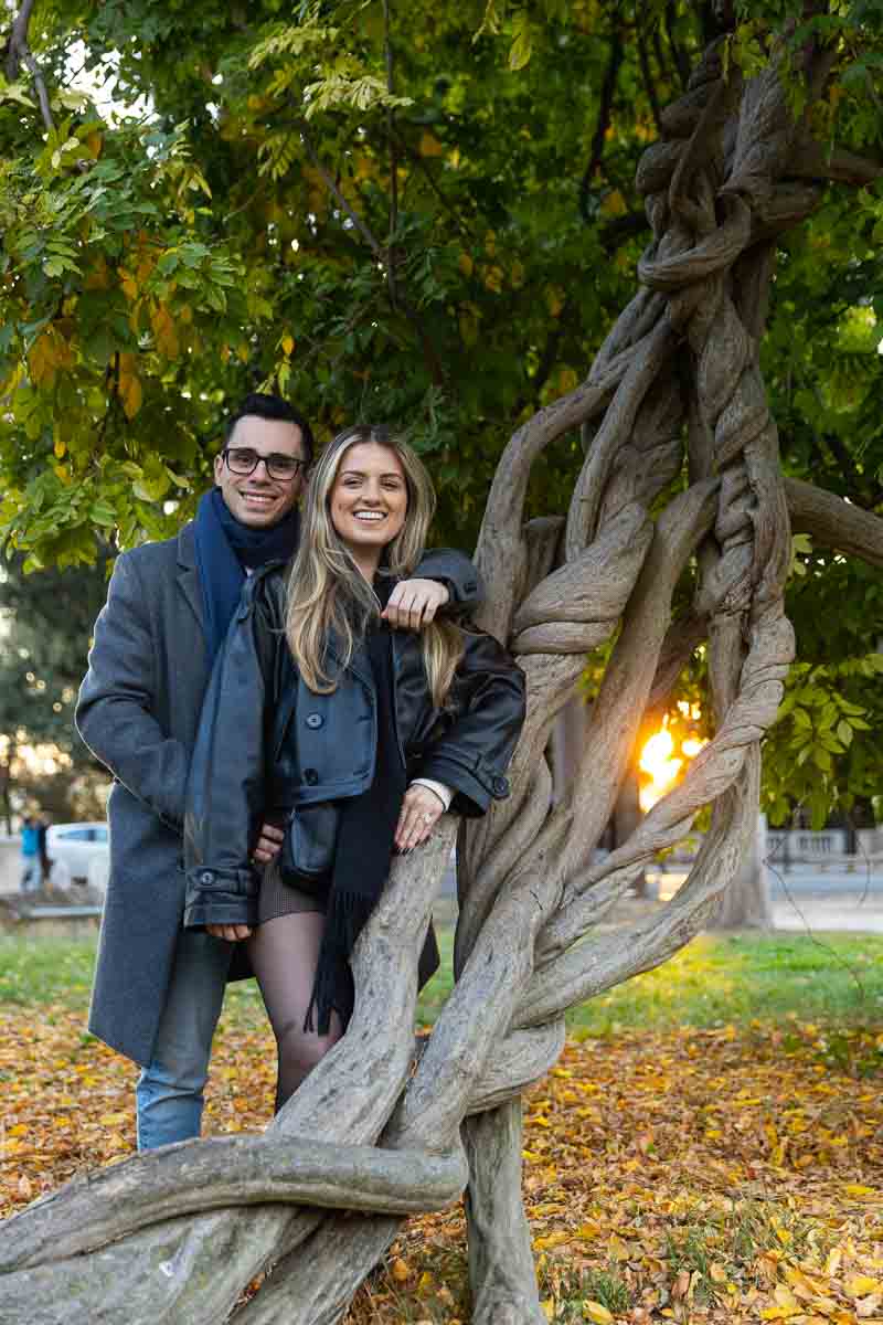 Posed portrait shots of a couple together after just engaged in Italy 