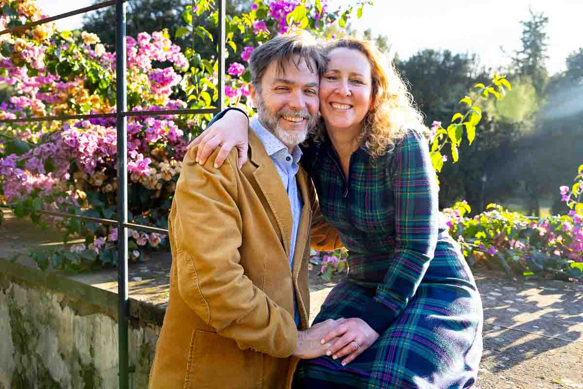 Close up portrait of a couple during the session picture photo shoot in the gardens of the villa
