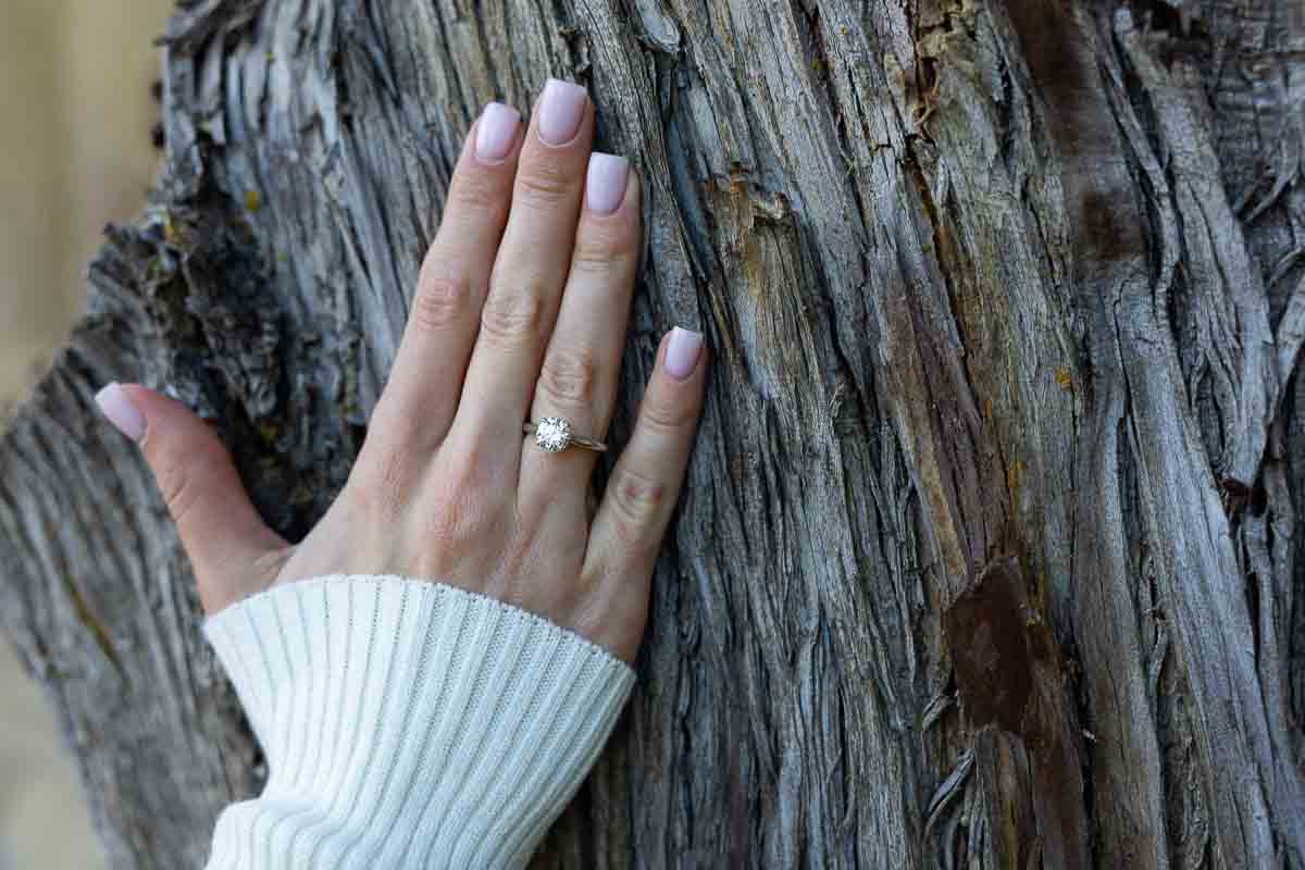 hand close up of the diamond engagement ring placed over Italian bark tree