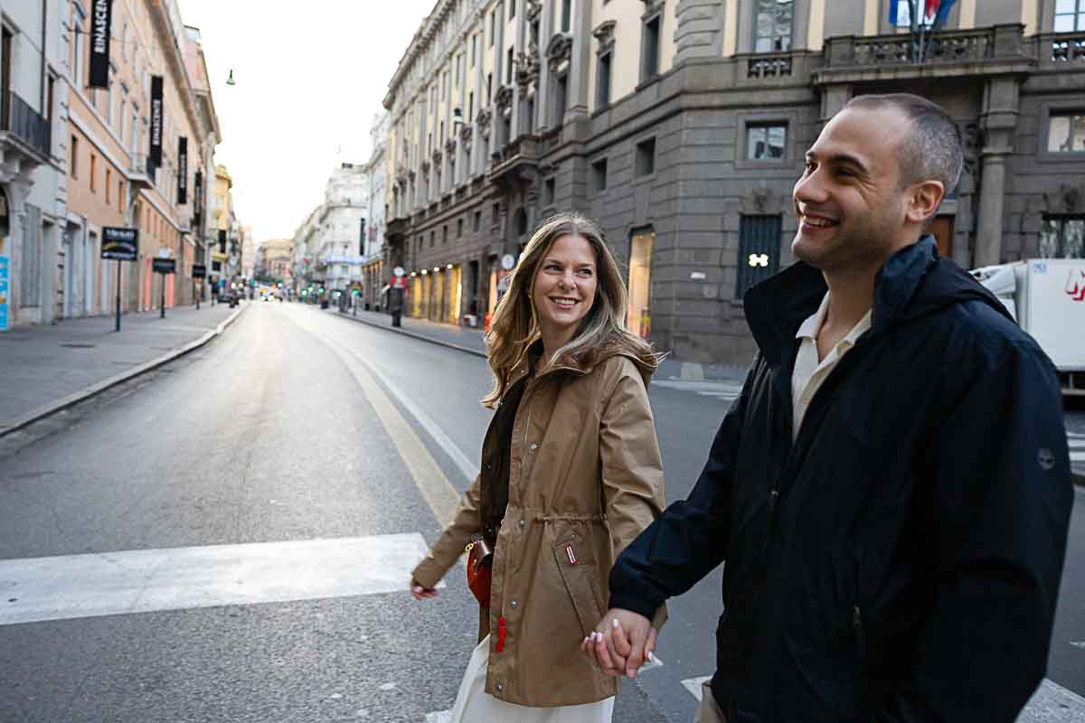 Romantic walk through the streets of Rome, happy couple