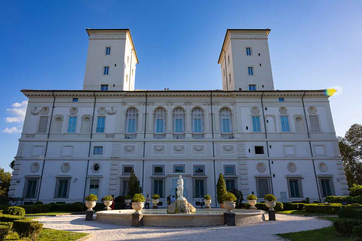 The outside view external facade of the Villa Borghese Galleria museum found in Rome Italy