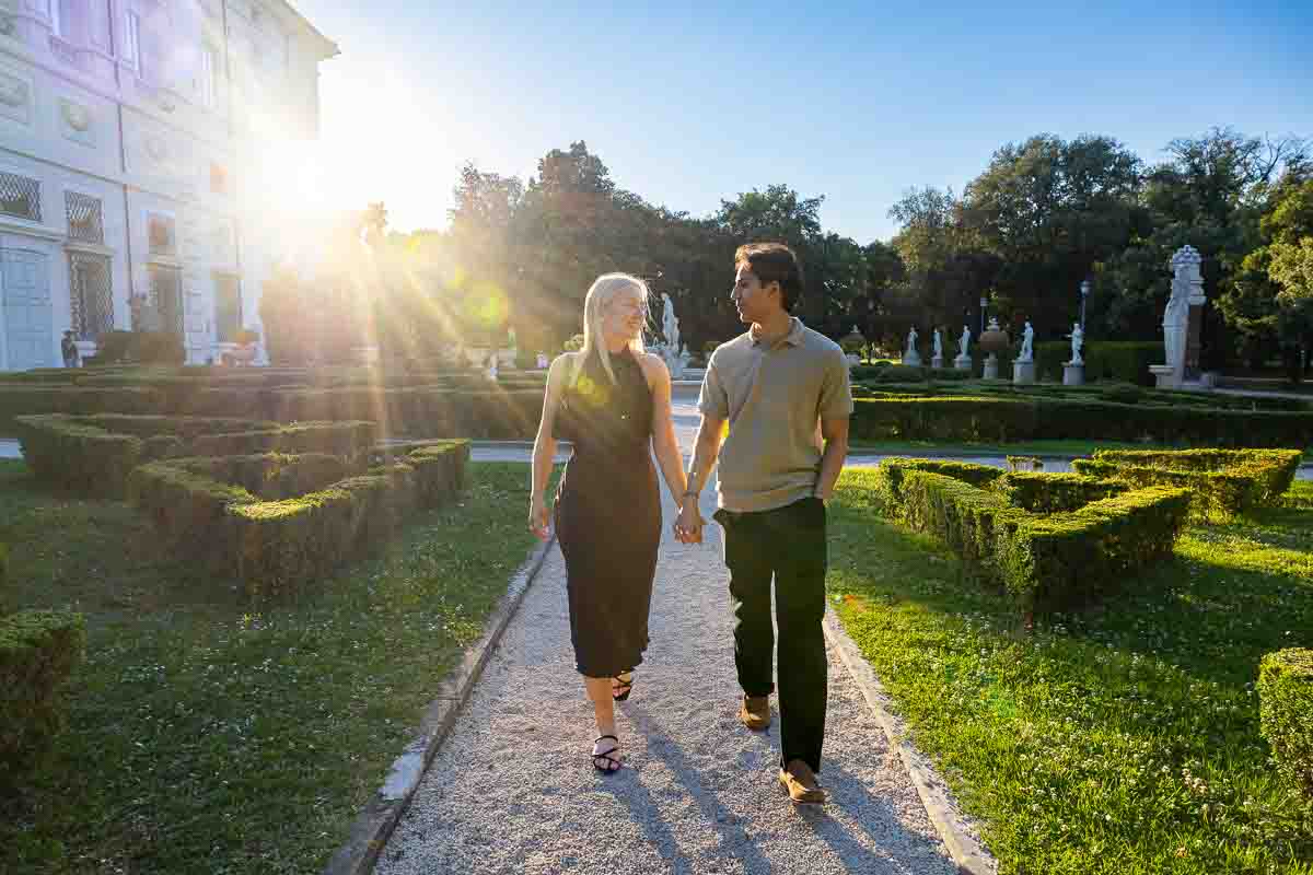 Walking in the gardens with the classic Italian geometric lines and pathways