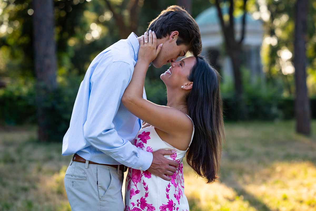 Facing each other while taking engagement pictures during a photo shoot in the eternal city 