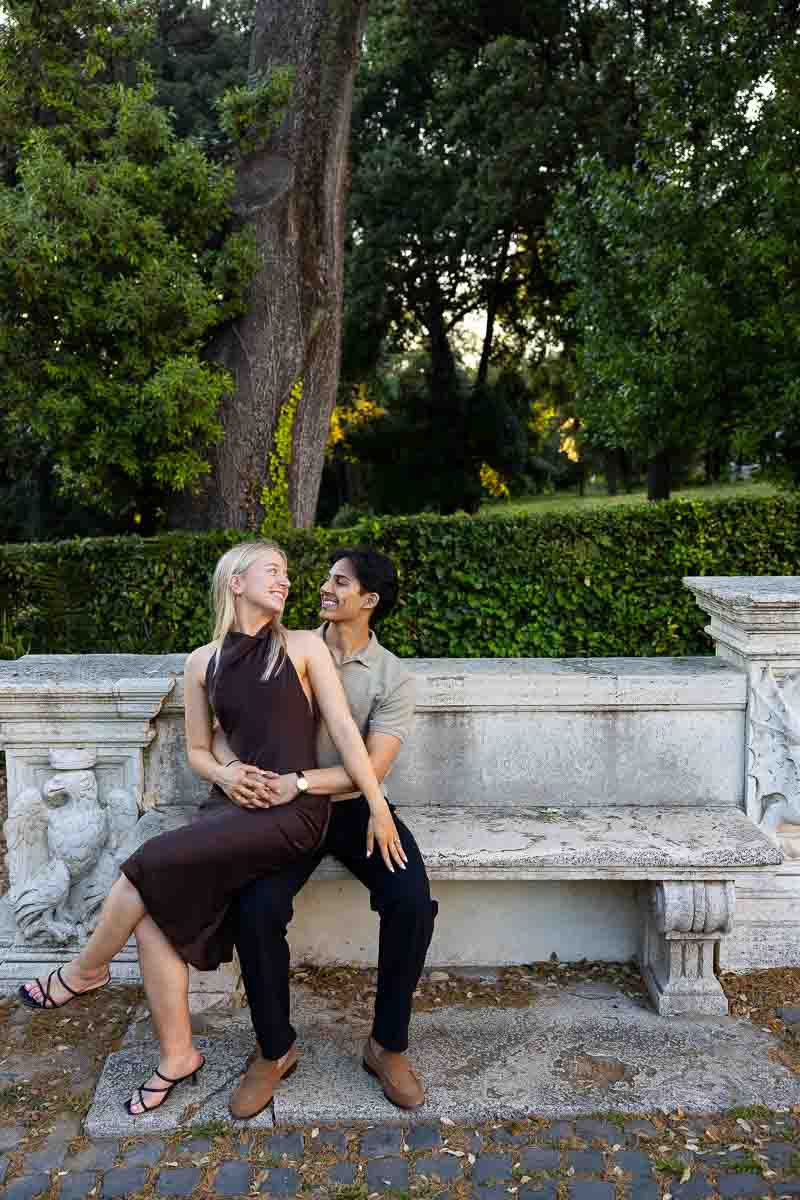 Final portraits on an ancient marble bench on the edge of the park