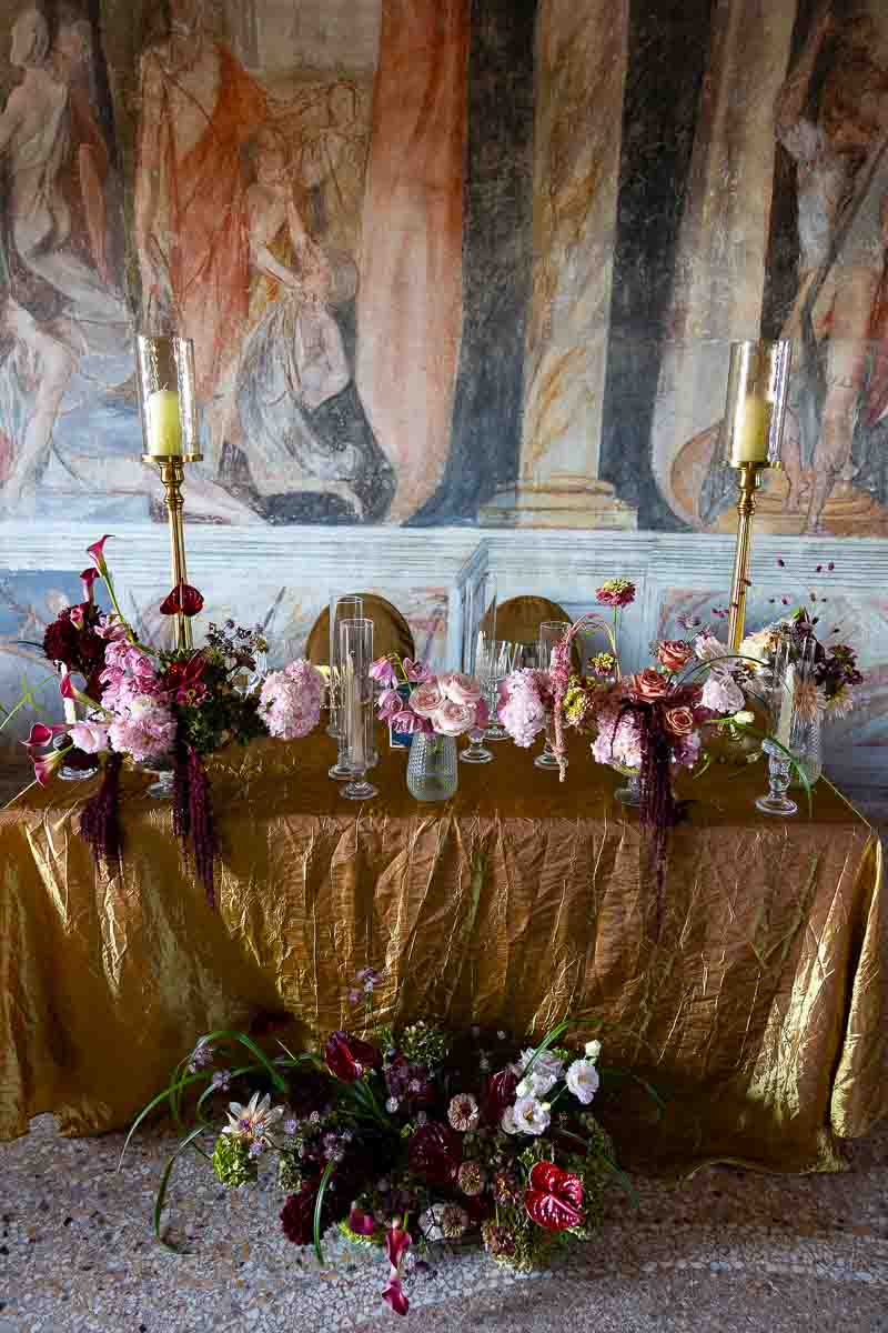 An intimate look at the beautifully decorated sweetheart table inside the dining salon.